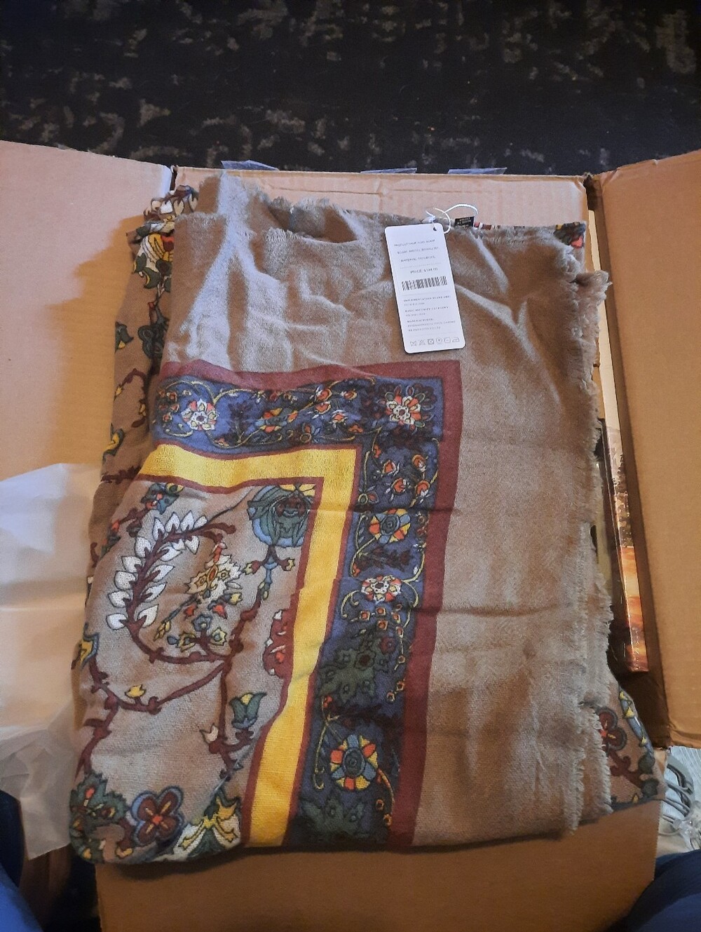 Light Brown Wool Floral Paisley Scarf with Yellow & Navy Border